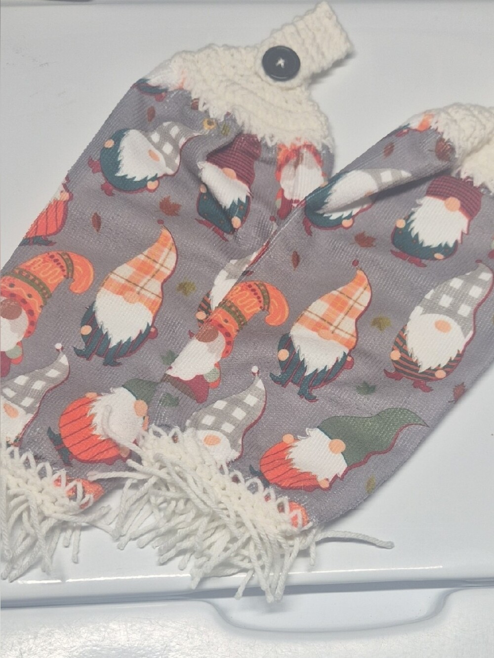Whimsical Gnome Hanging Kitchen Towel Pair - Gray with Orange & Green Accents